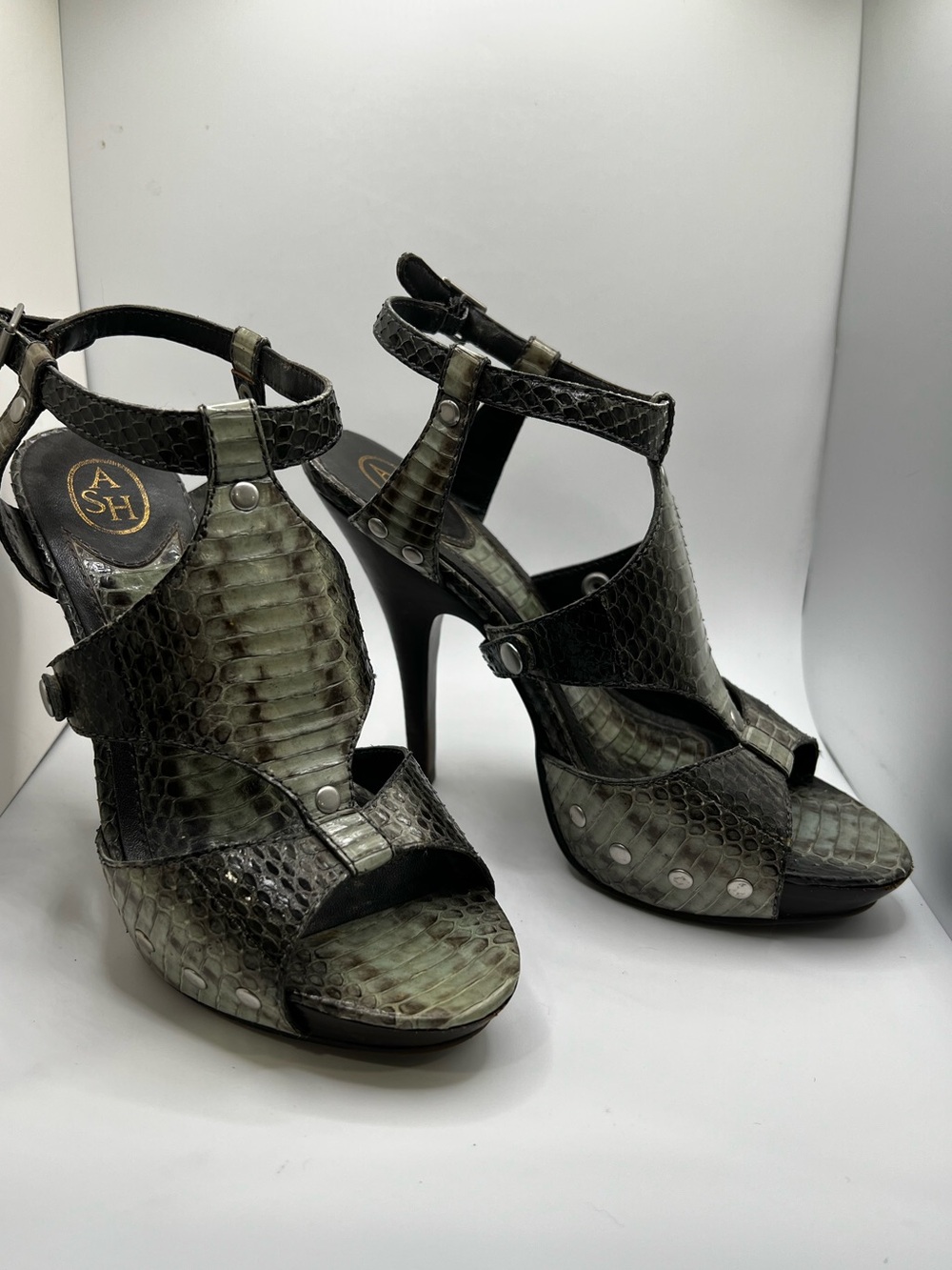 ASH Women's Green Snake-Print High Heel Sandals -Destiny - size 6